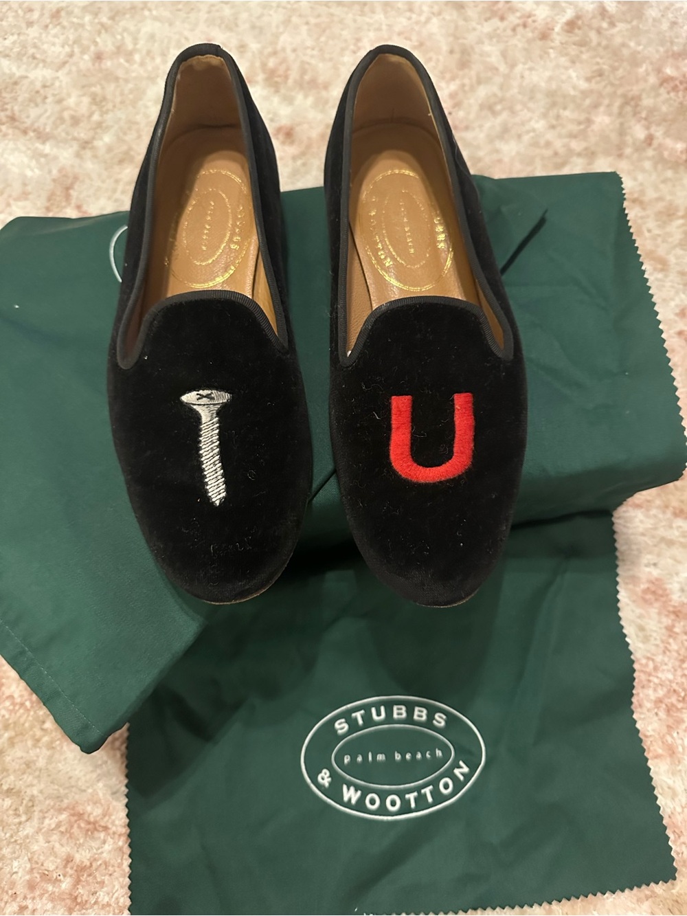 Stubbs & Wootton Black Velvet Slip-On Loafers with Red & White Embroidery